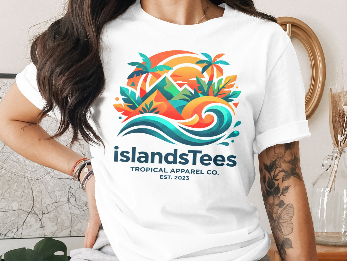 IslandsTees tropical apparel logo with waves, mountains, and palm trees.