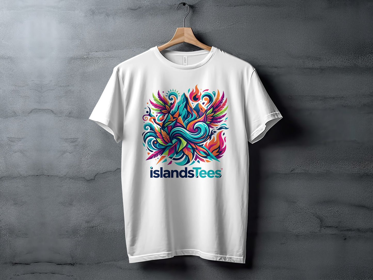 White t-shirt with colorful abstract phoenix graphic and "islandsTees" logo.