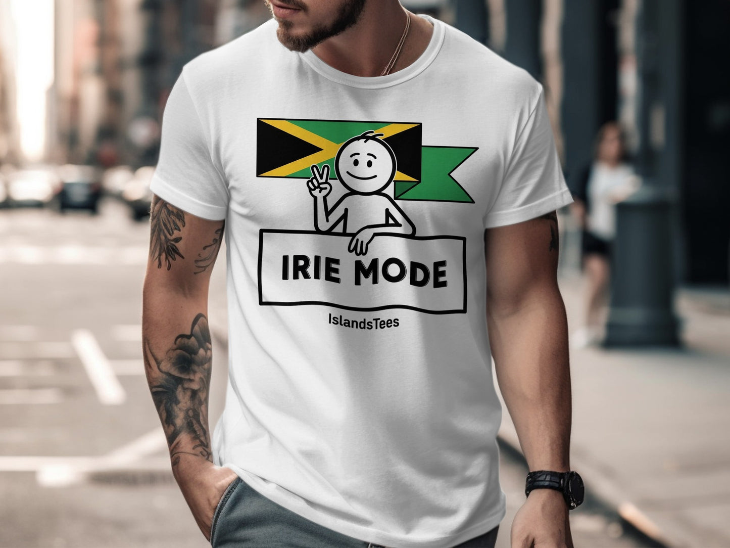 White t-shirt with Jamaica flag and "IRIE MODE IslandsTees" text.