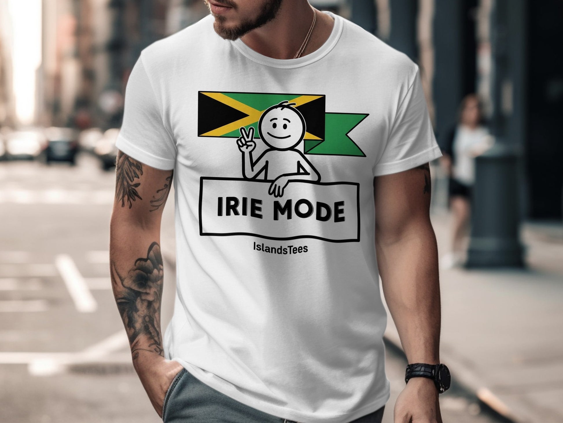 White t-shirt with Jamaica flag and "IRIE MODE IslandsTees" text.
