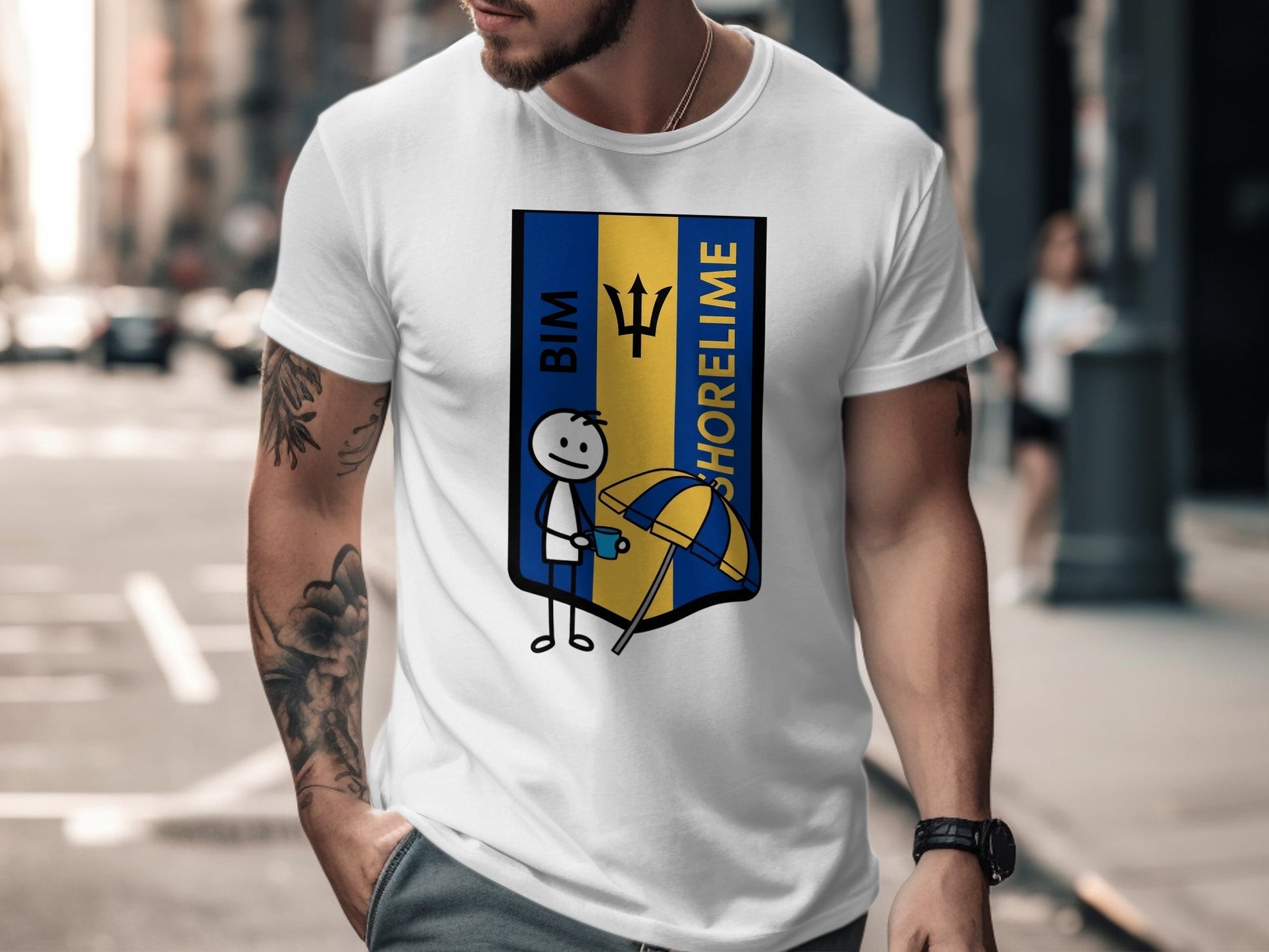 White t-shirt with Bim Shoreline logo featuring a stick figure and umbrella.