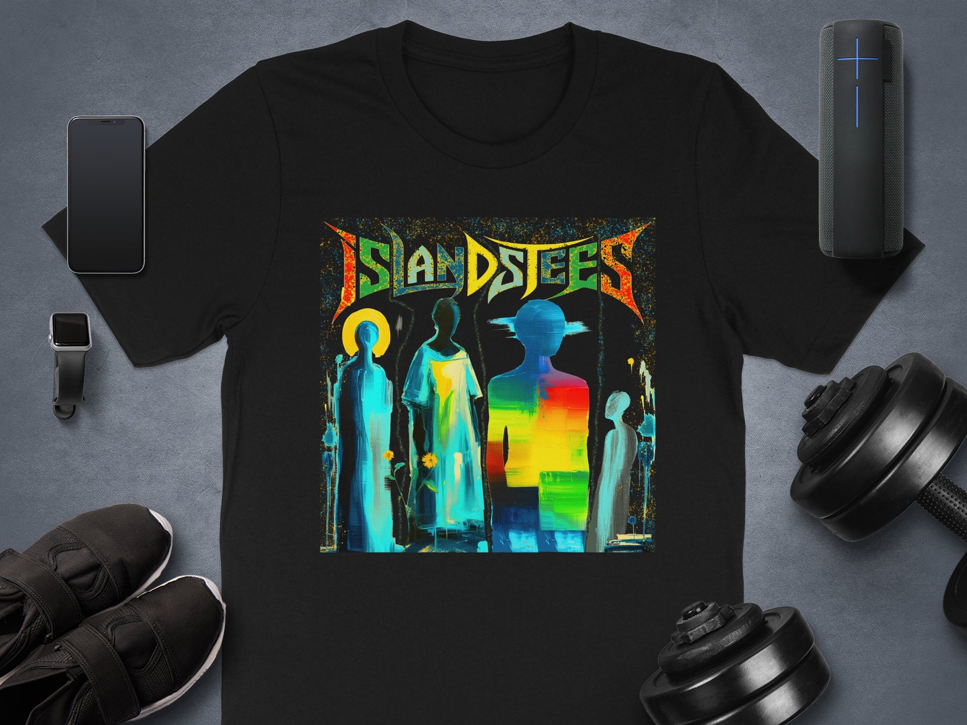 Black t-shirt with "ISLANDSTEES" logo and abstract colorful figures.