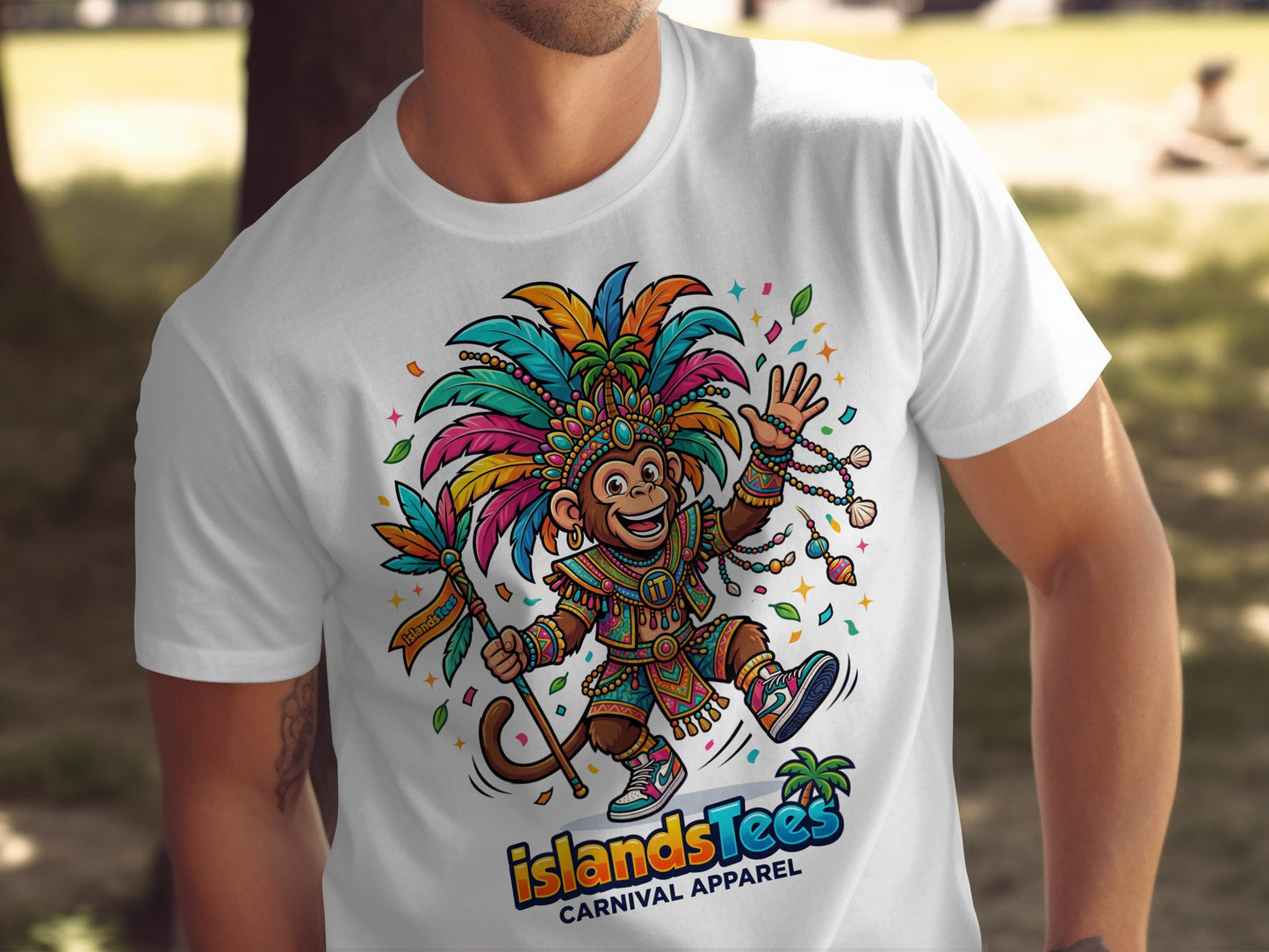 Cartoon monkey in colorful carnival costume, IslandsTees Carnival Apparel logo.