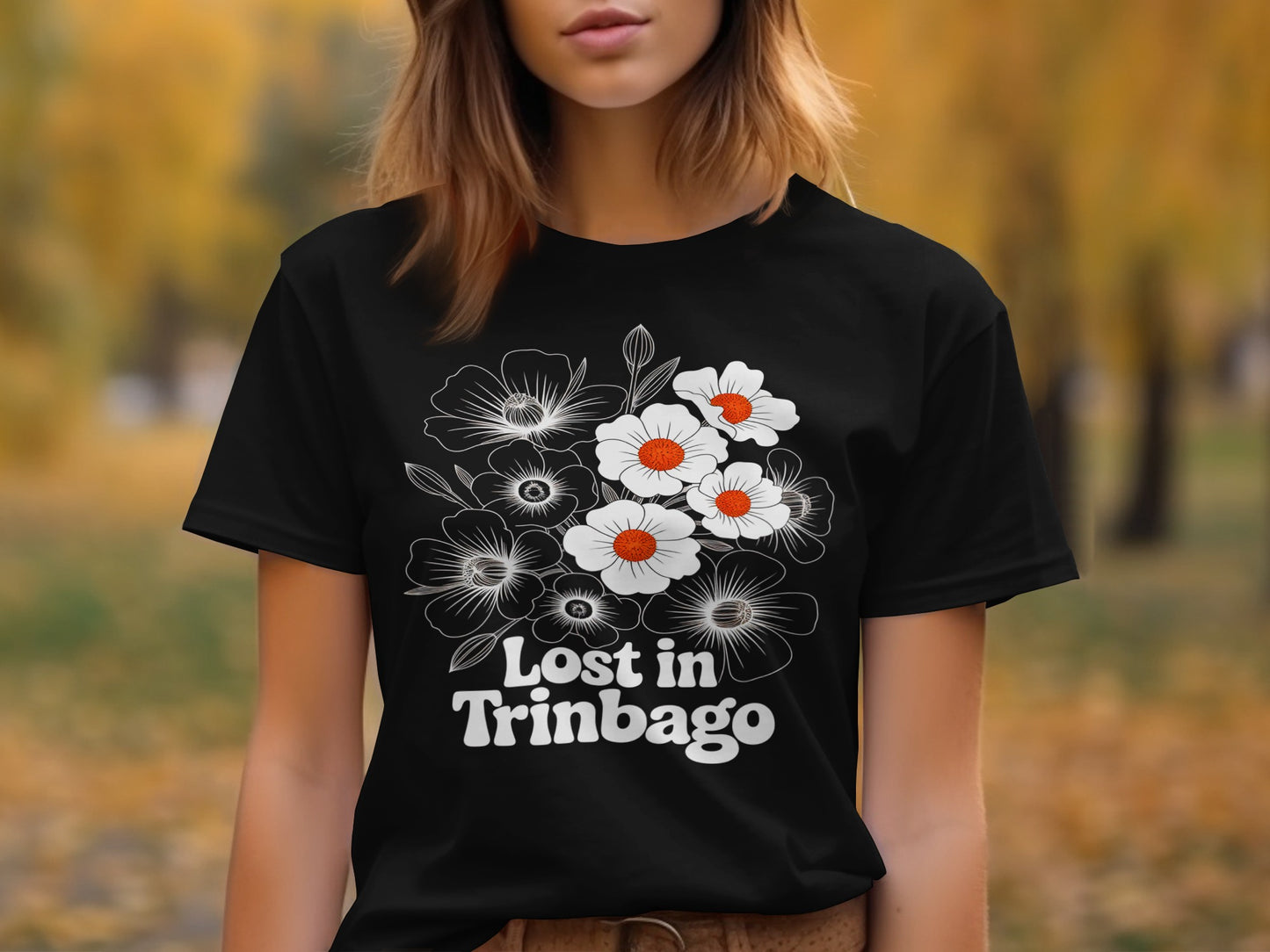 Lost in Trinbago White Floral Black T-Shirt product type