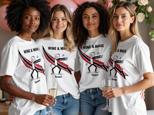 Four women in white t-shirts with "WINE & WAVE Gyaani" logo and flag graphic.