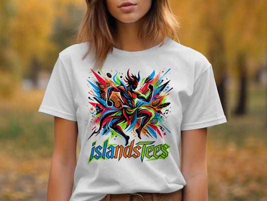 White t-shirt with vibrant, abstract graphic design and "IslandsTees" logo.
