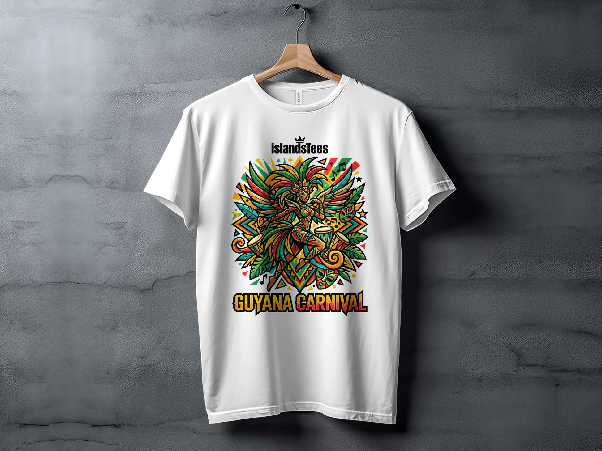 White t-shirt featuring a colorful "Guyana Carnival" graphic.
