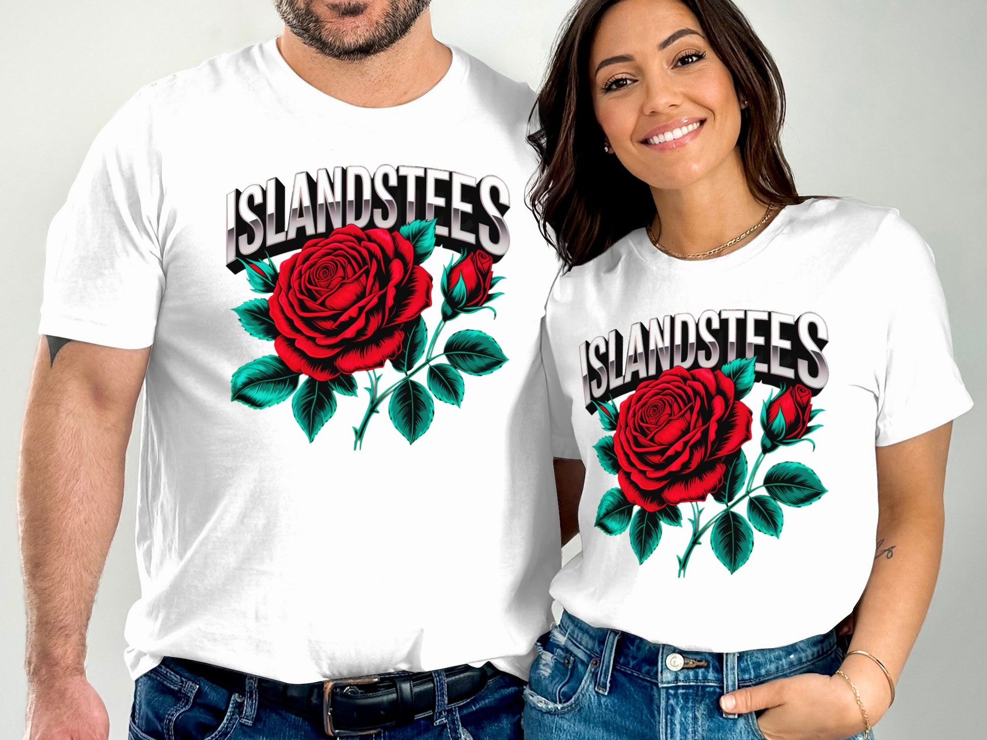 White t-shirt with "ISLANDSTEES" logo and red rose graphic.