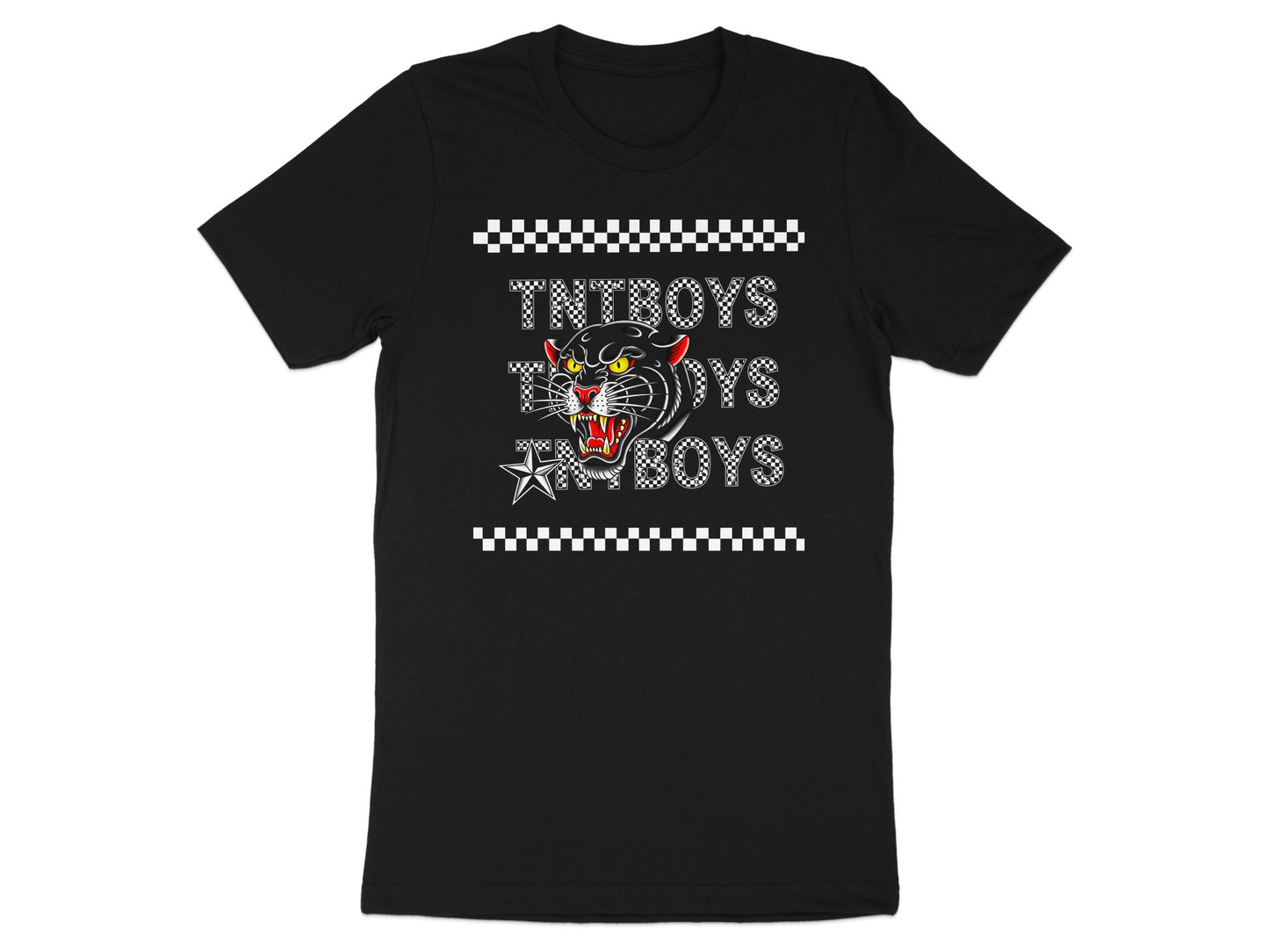 Black t-shirt with a stylized panther and "TNT BOYS" text.