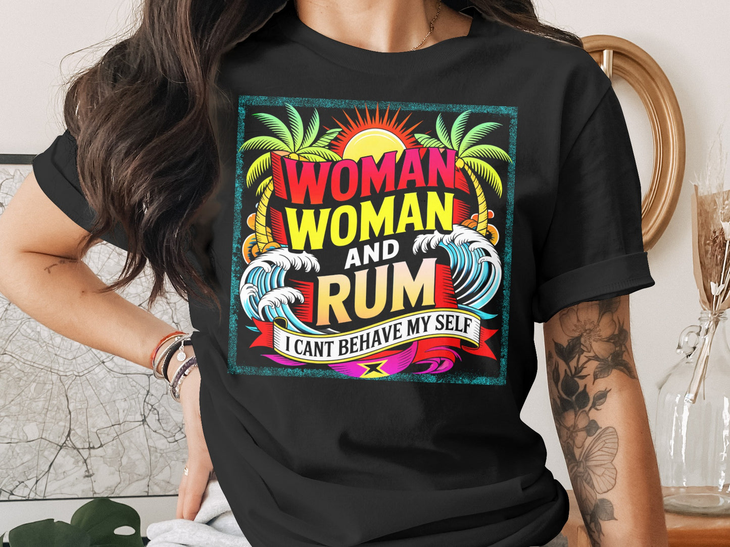 Black t-shirt with "Woman Woman and Rum" design featuring palm trees and waves.