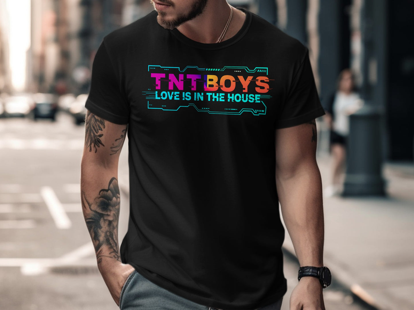 Black t-shirt with "TNT BOYS LOVE IS IN THE HOUSE" text.