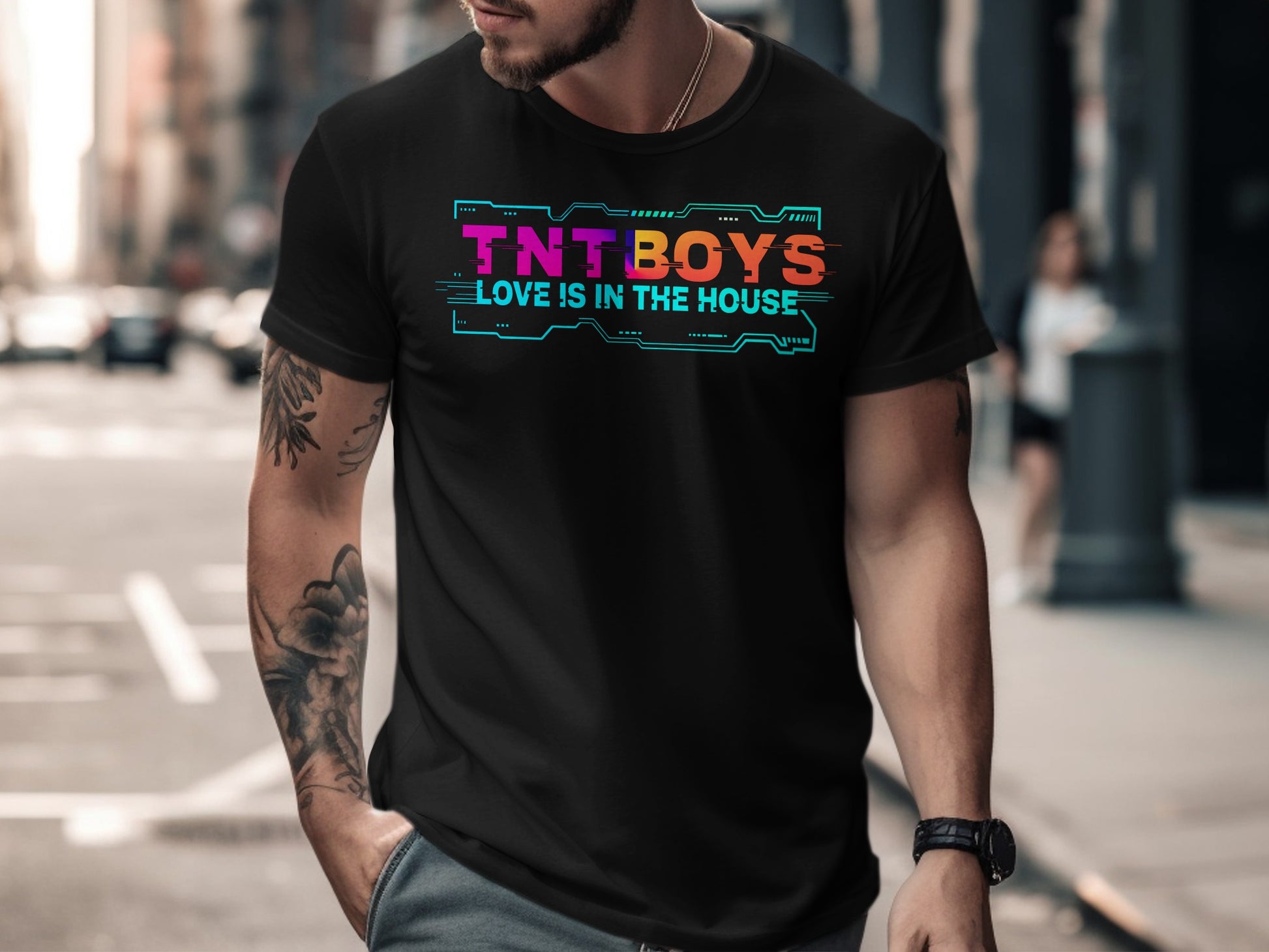 Black t-shirt with "TNT BOYS LOVE IS IN THE HOUSE" text.
