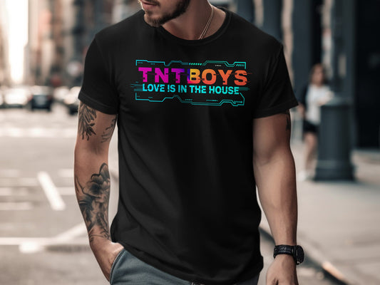 Black t-shirt with "TNT BOYS LOVE IS IN THE HOUSE" text.
