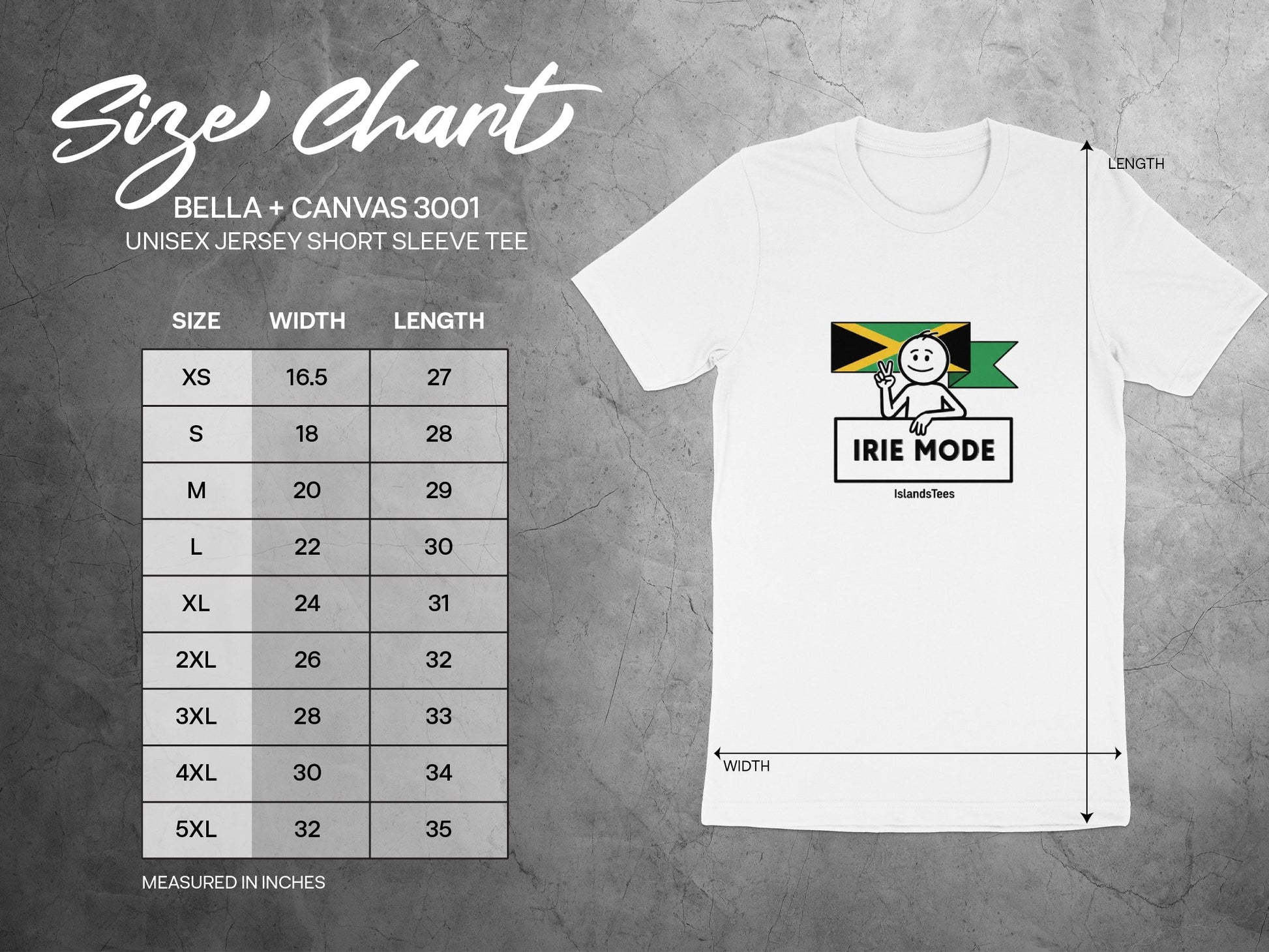 Irie Mode Tee Shirt with Size Chart for Unisex Wear