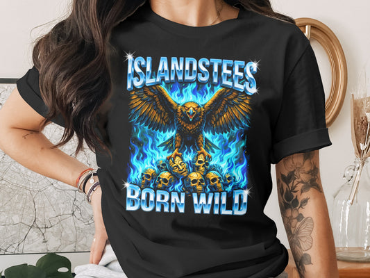 Black t-shirt with "Islandstees Born Wild" text and eagle over skulls.