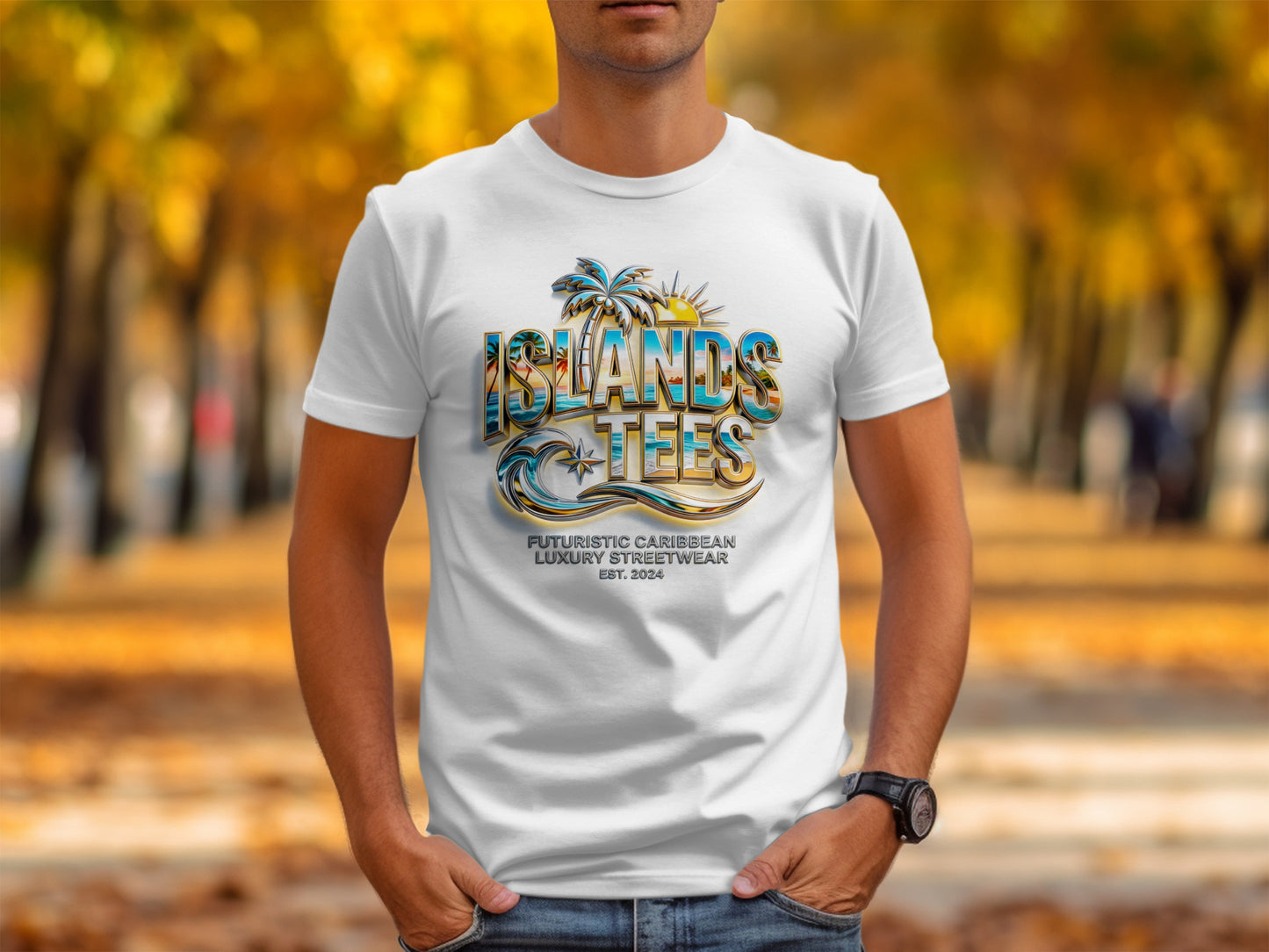 White t-shirt with "ISLANDS TEES" logo featuring a tropical beach scene.