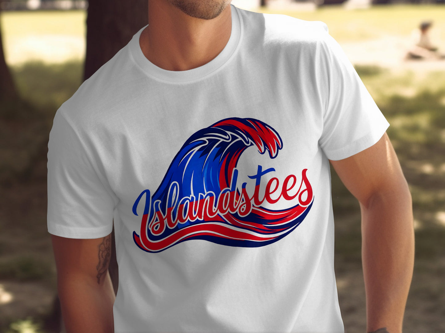 Islandstees White T-Shirt with Red and Blue Wave Design