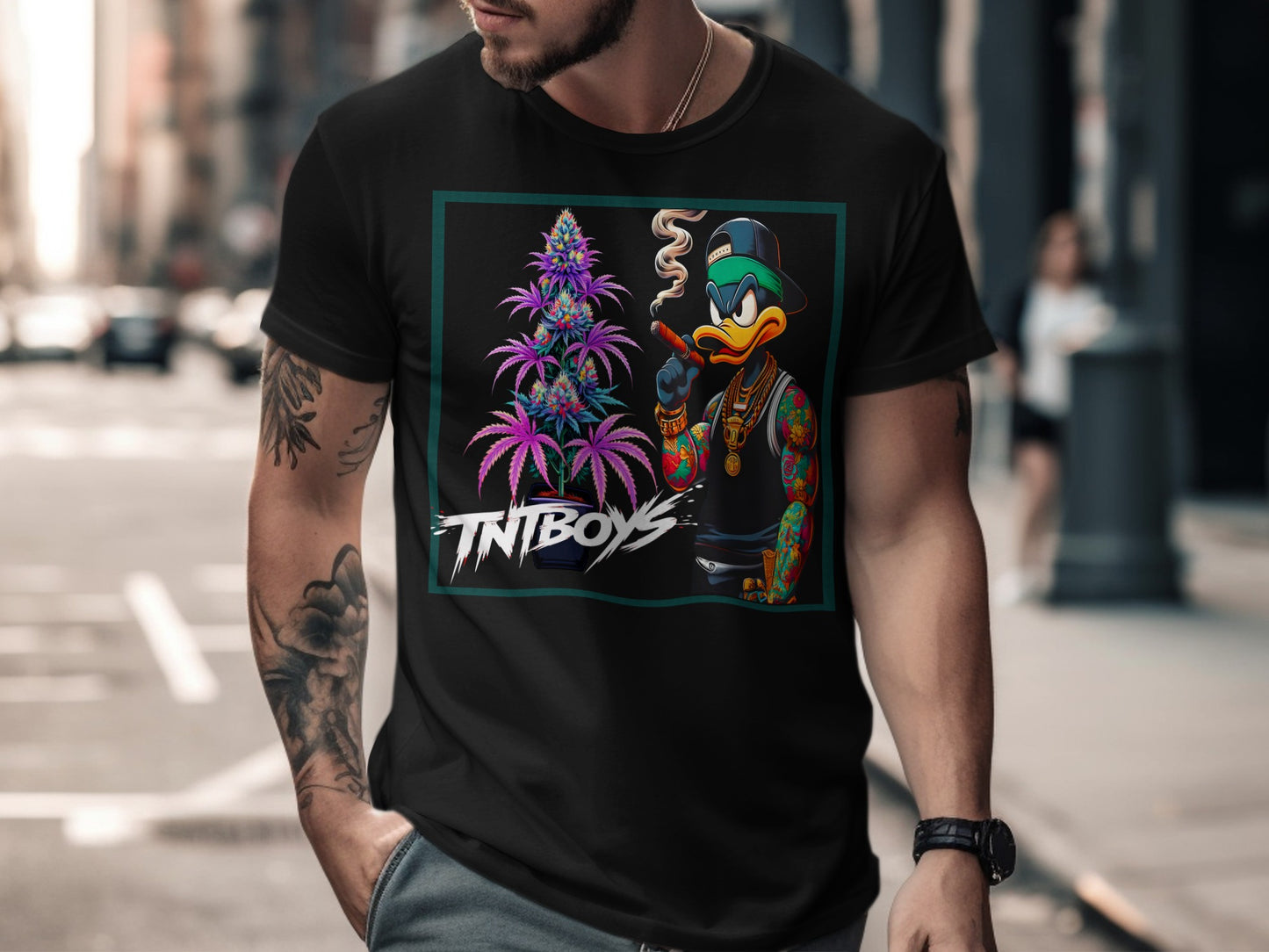 Black t-shirt with a cartoon duck smoking a cigar and wearing jewelry.