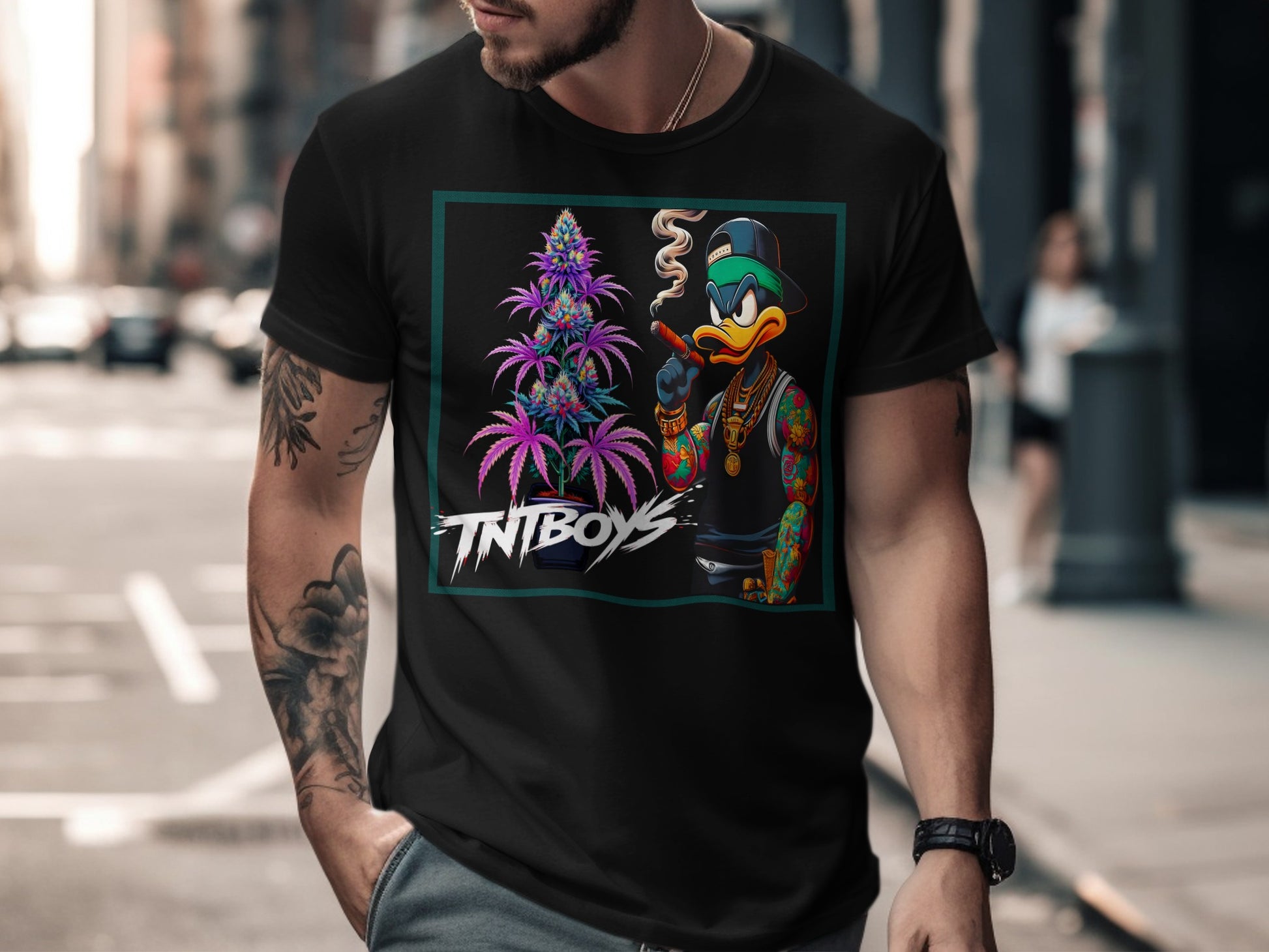Black t-shirt with a cartoon duck smoking a cigar and wearing jewelry.