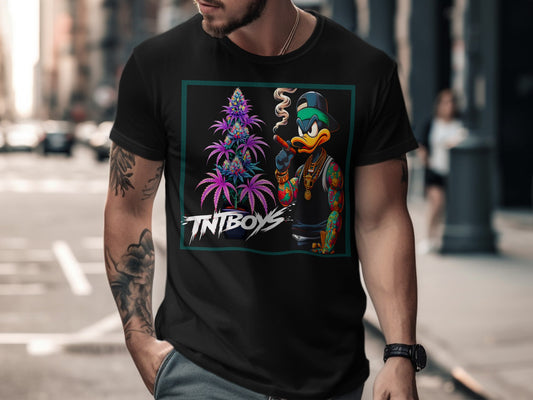Black t-shirt with a cartoon duck smoking a cigar and wearing jewelry.