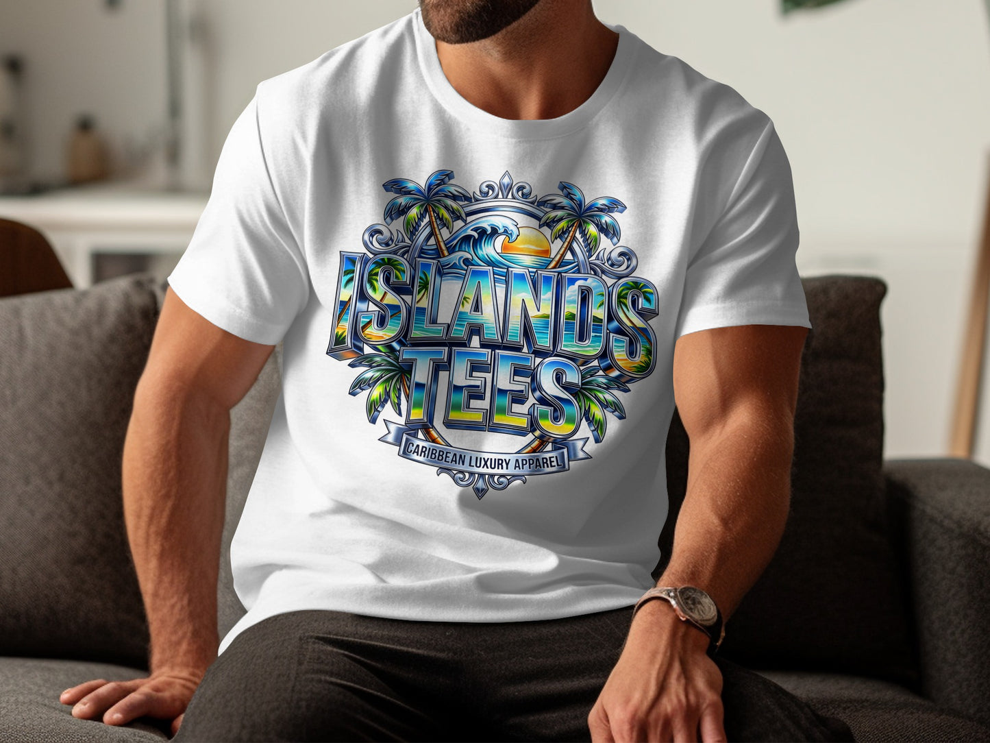 T-shirt with "ISLANDS TEES CARIBBEAN LUXURY APPAREL" text and beach scene.