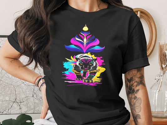 Vibrant Tribal Tiger Design on Black T-Shirt