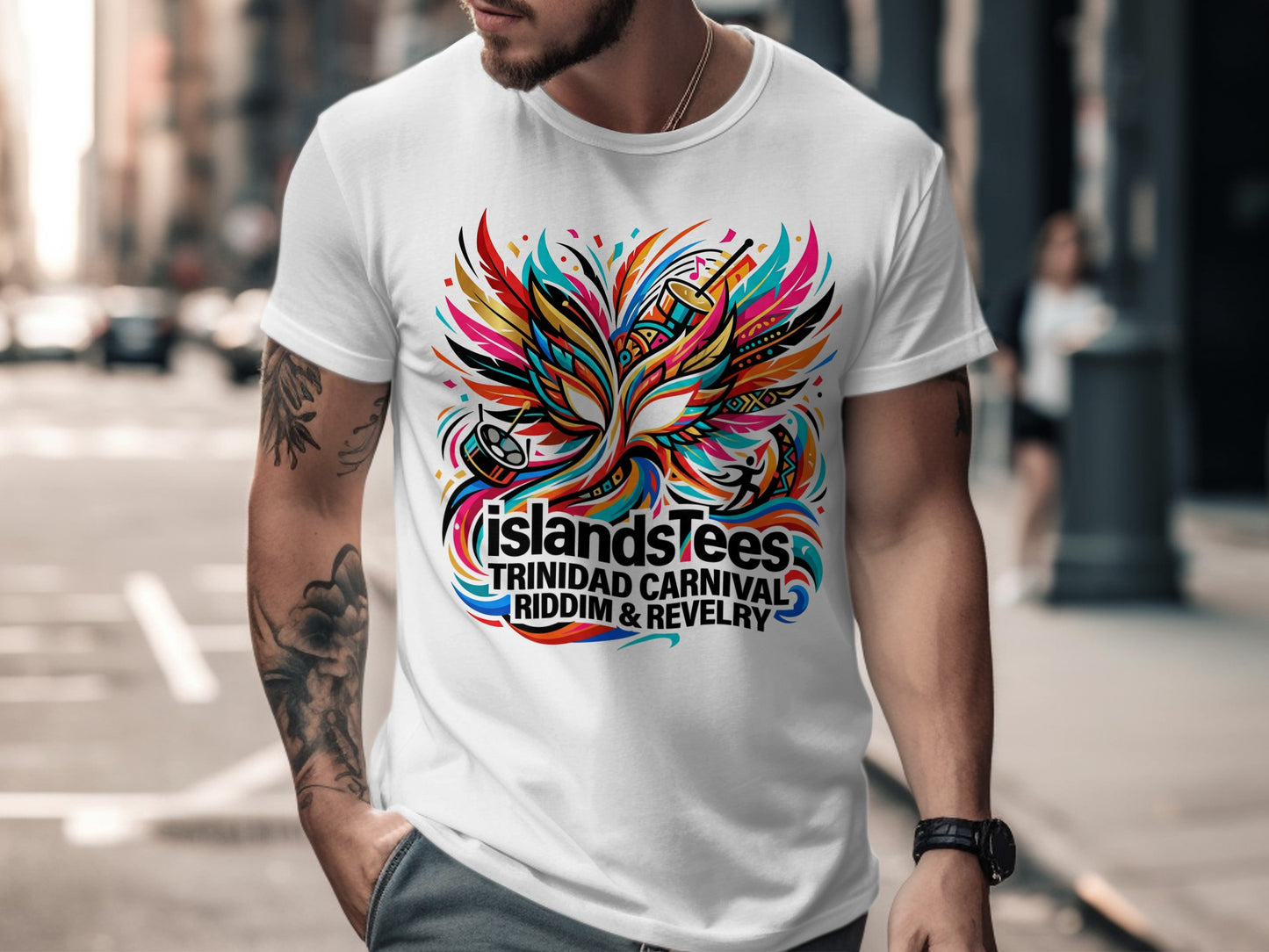 White t-shirt with colorful "ISLANDSTees TRINIDAD CARNIVAL RIDDIM & REVELRY" graphic.