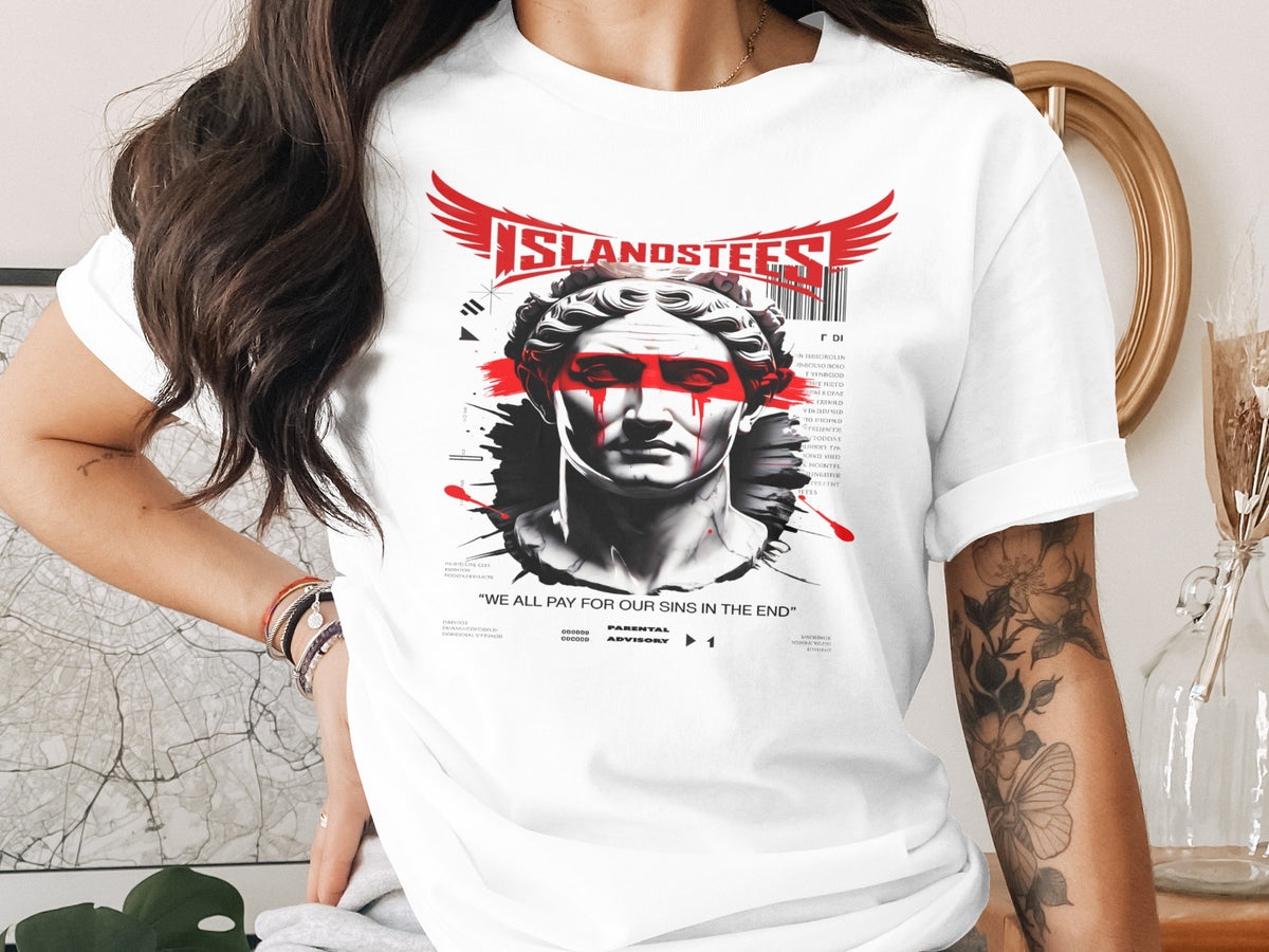 White t-shirt with a Roman bust graphic and "ISLANDSTEES" text.