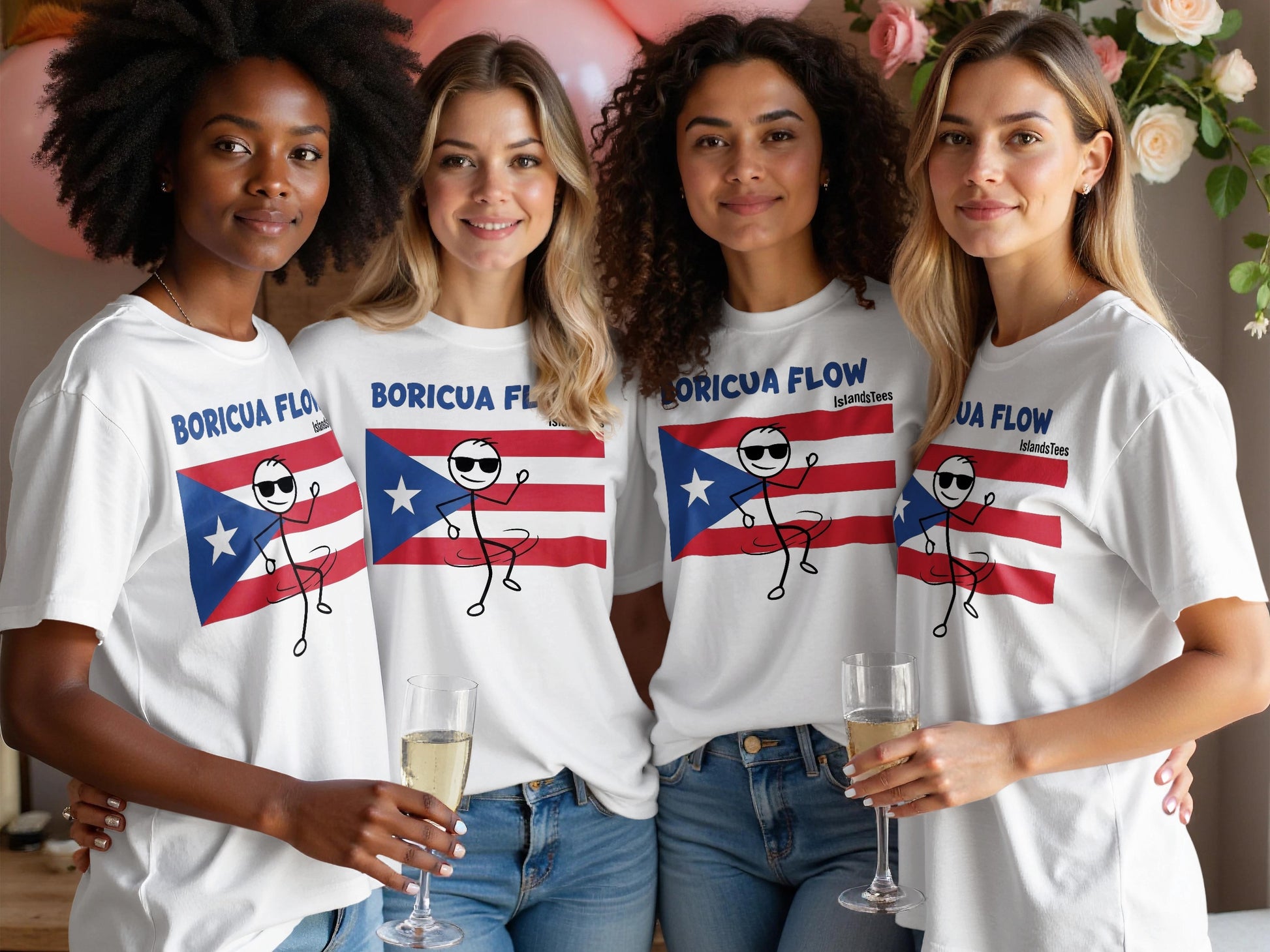 Four women wearing matching Boricua Flow t-shirts with Puerto Rican flag and dancer graphic.