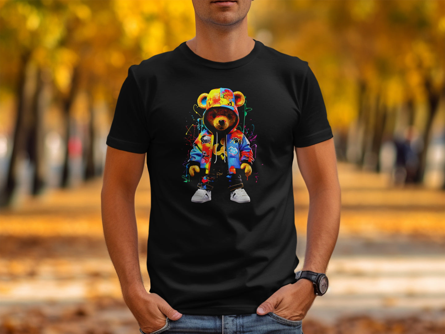 Black t-shirt featuring a colorful graffiti-style teddy bear graphic.
