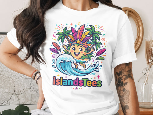 Cartoon pineapple character with feathers and palm trees surfing a wave, "islandsTees" text.