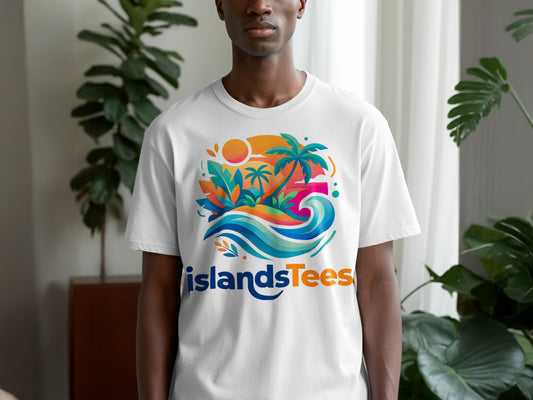 White t-shirt with tropical island sunset graphic and "islandsTees" text.