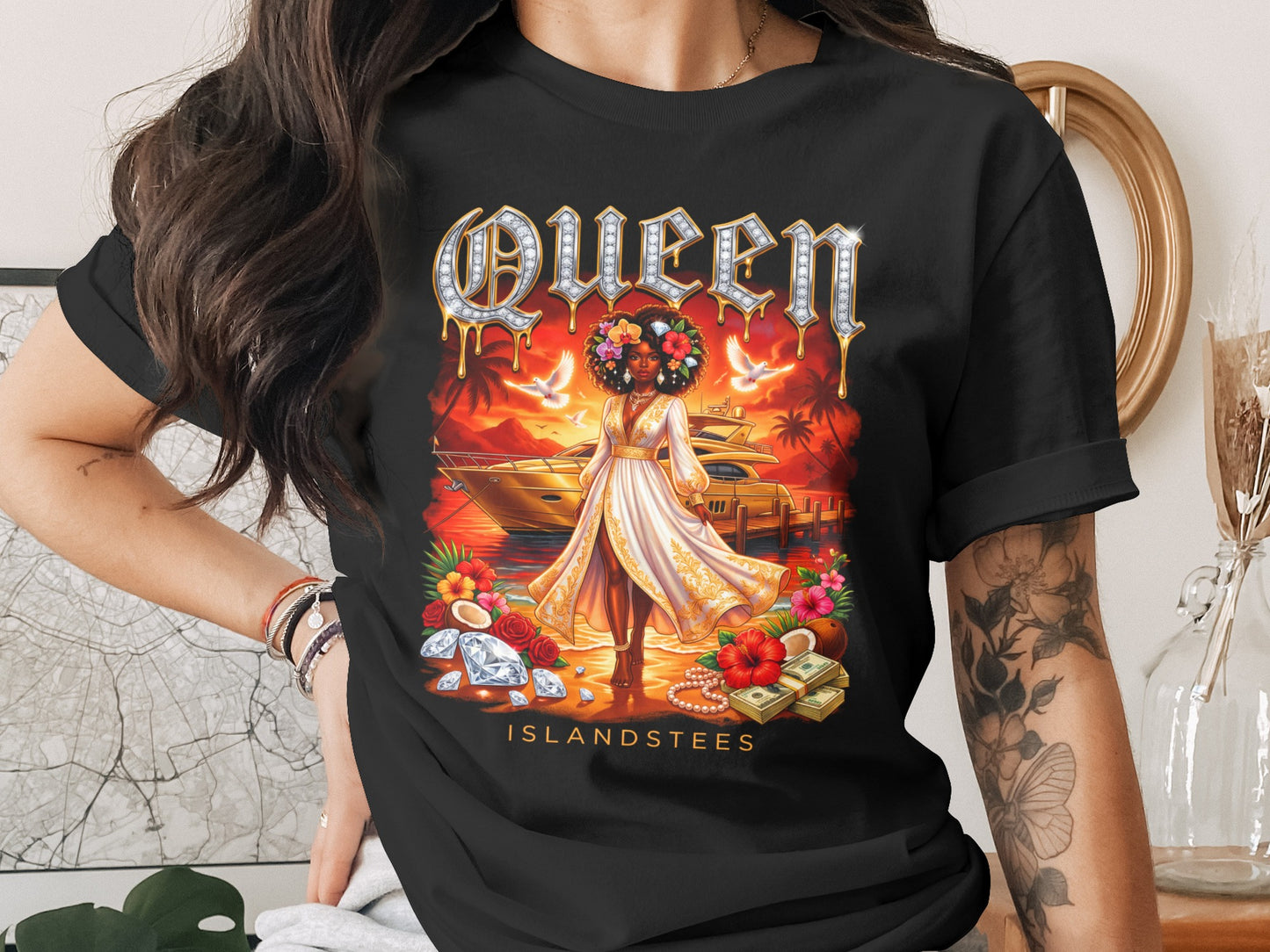 Queen Islands tees with a woman in a gold dress on a tropical island.