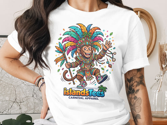 Cartoon monkey in colorful carnival costume holding flag, "Islands Tees Carnival Apparel".