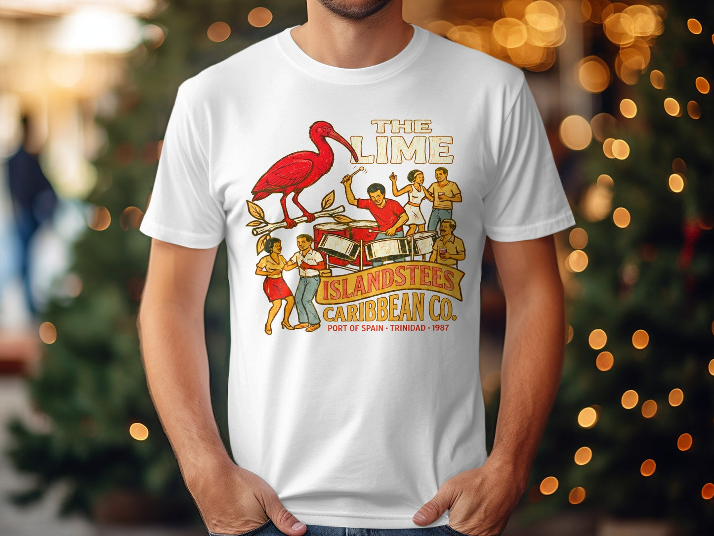 White t-shirt with red ibis, musicians, and text "THE LIME ISLANDBEES 1987".
