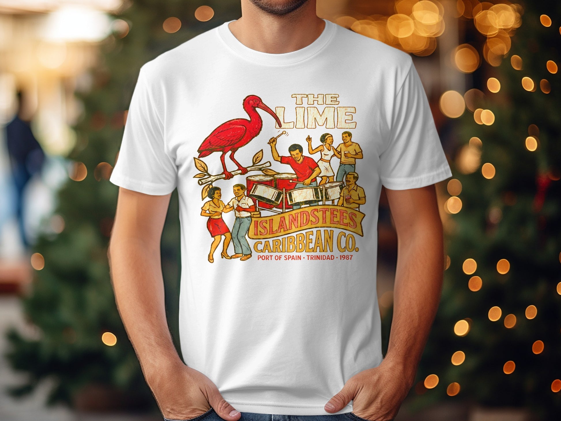 White t-shirt with red ibis, musicians, and text "THE LIME ISLANDBEES 1987".