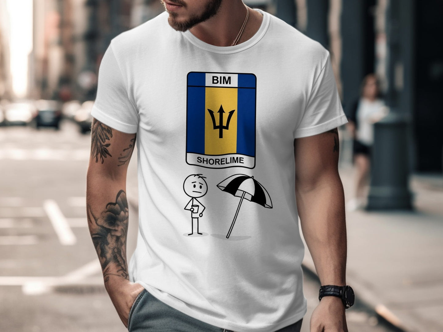 White t-shirt with a cartoon man and umbrella next to a Barbados flag logo.