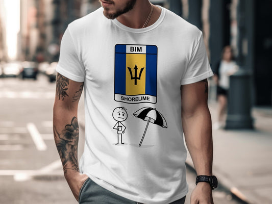 White t-shirt with a cartoon man and umbrella next to a Barbados flag logo.