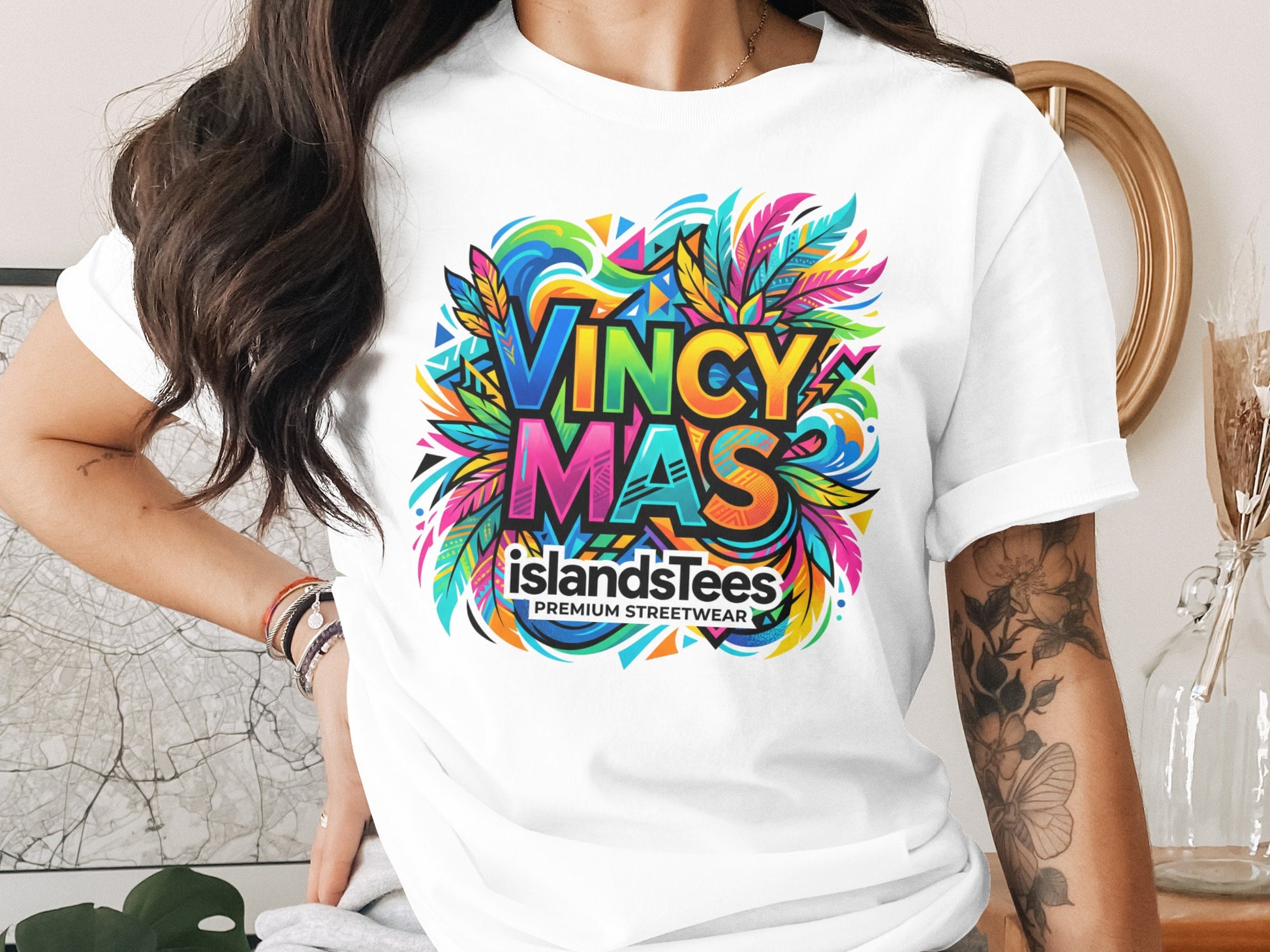 Vincymas IslandsTees premium streetwear graphic t-shirt with colorful feathered design.