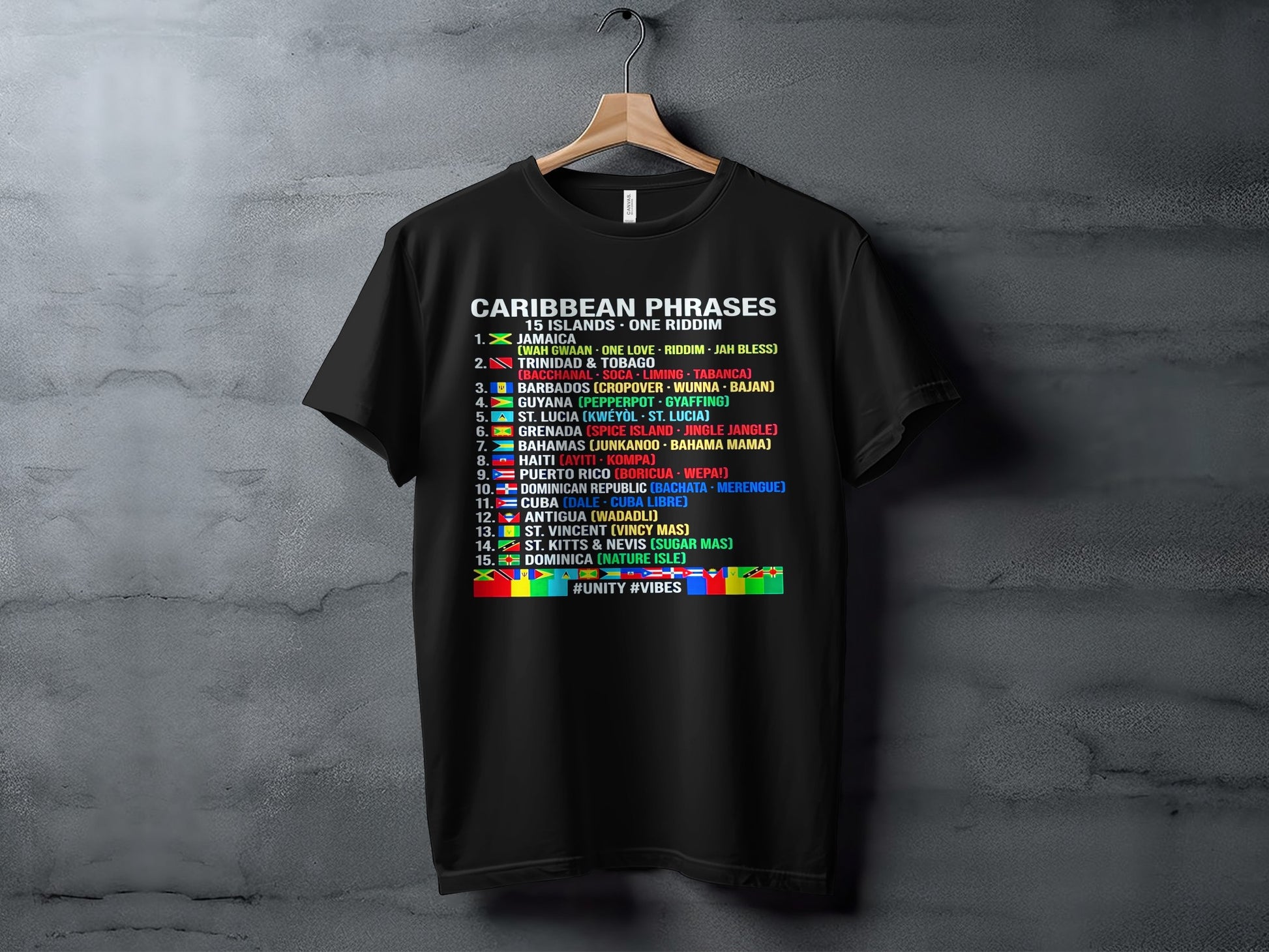 T-shirt with "Caribbean Phrases" and 15 islands listed with associated words.