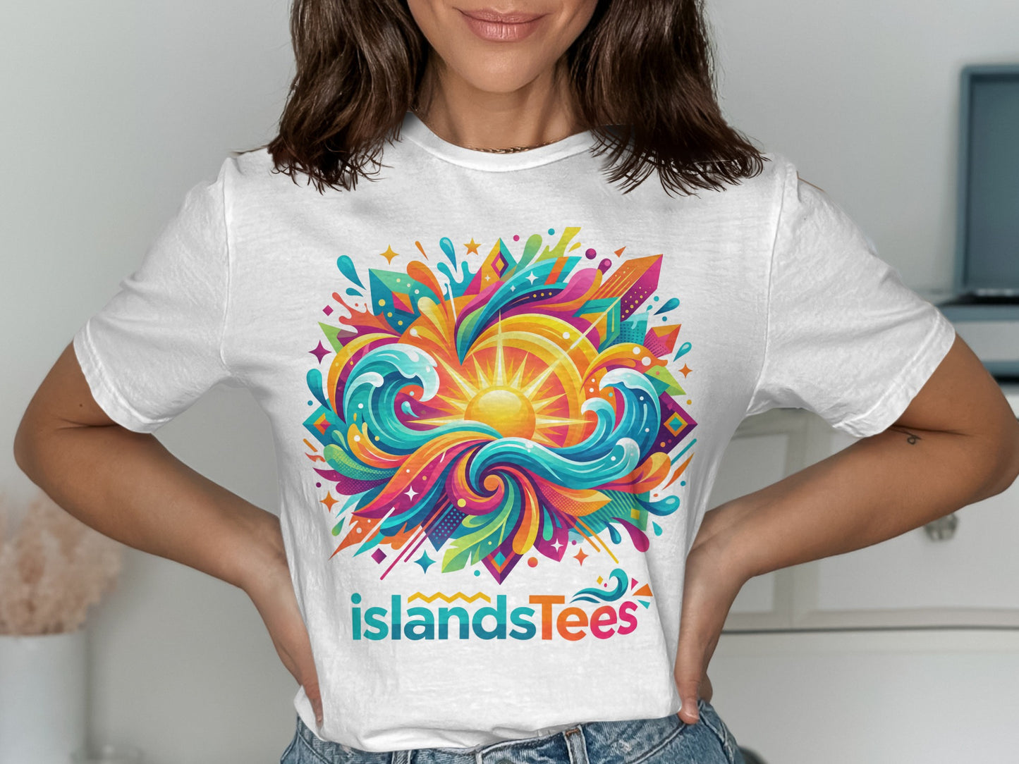 White t-shirt with a vibrant sun and waves graphic and "IslandsTees" text.