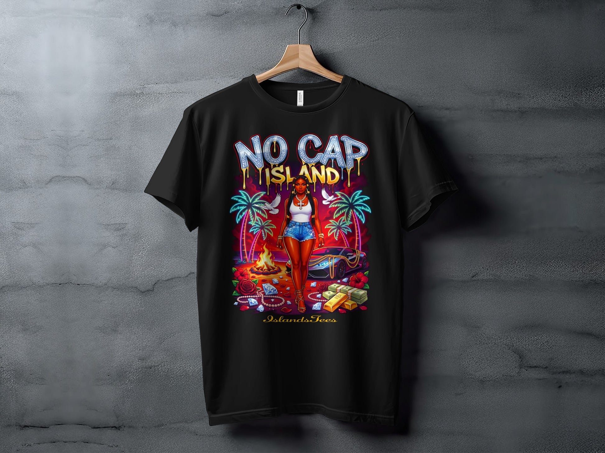 Black t-shirt with "No Cap Island" graphic featuring a woman, palm trees, and a car.