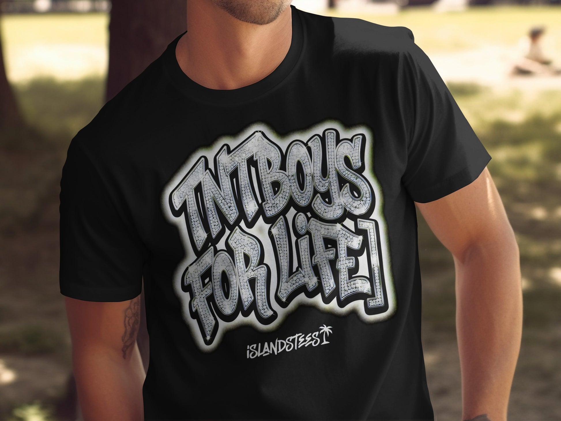 Black t-shirt with "INTBOYS FOR LIFE" text in glittery graffiti style.