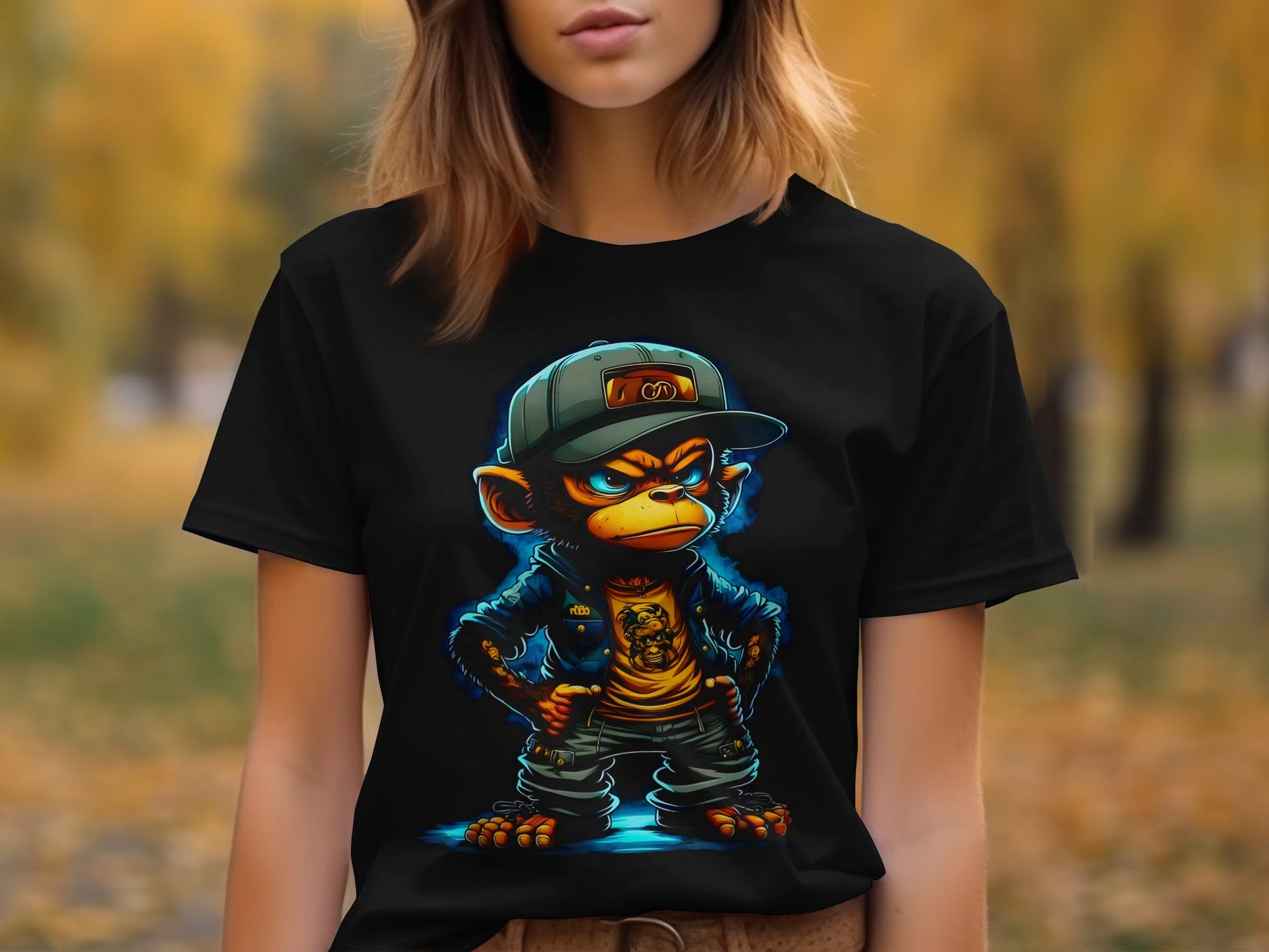 Glowing Blue Eyes Monkey Character Black Tee product type