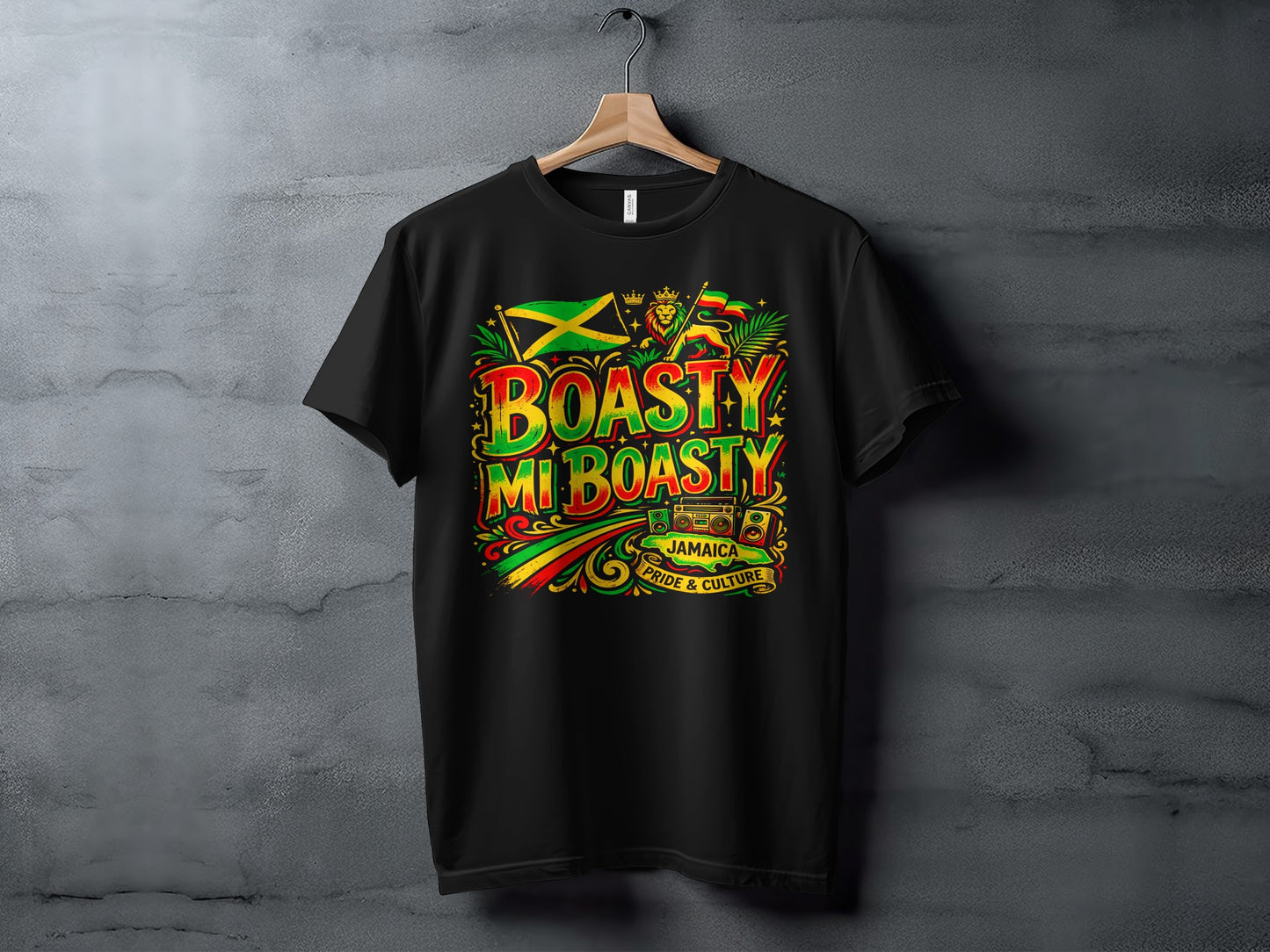 Black t-shirt with "BOASTY MI BOASTY JAMAICA PRIDE & CULTURE" text and Jamaican flag.