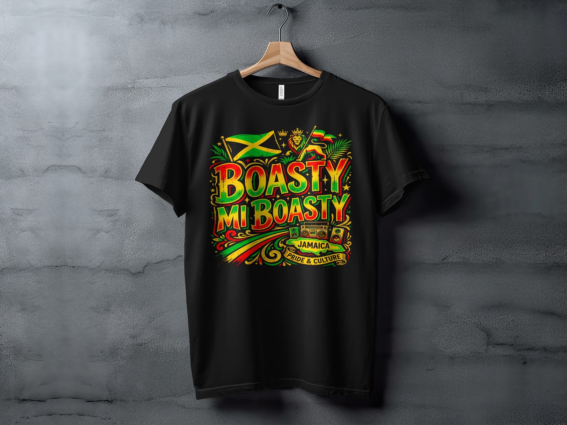 Black t-shirt with "BOASTY MI BOASTY JAMAICA PRIDE & CULTURE" text and Jamaican flag.