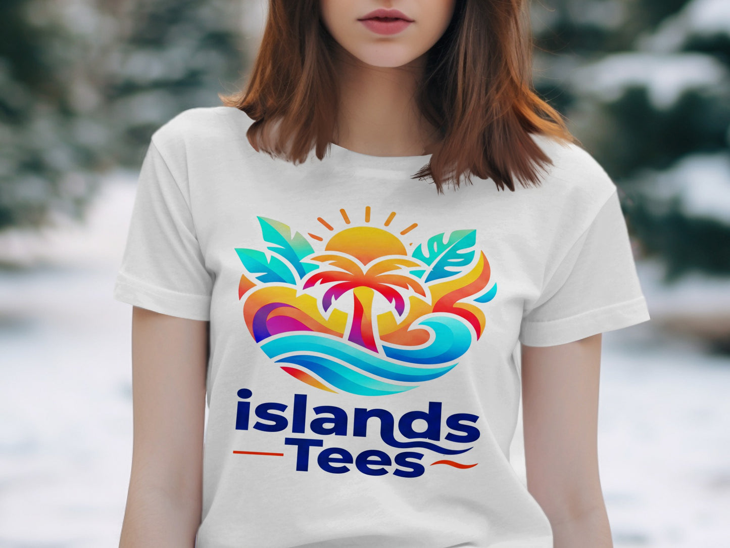White t-shirt with Islands Tees logo featuring a palm tree and ocean waves.