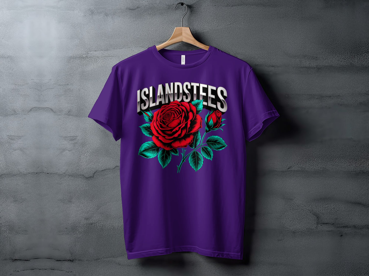 Purple t-shirt with a red rose graphic and "ISLANDSTEES" text.