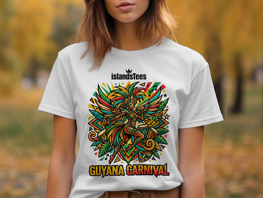 White t-shirt with "IslandsTees" and "GUYANA CARNIVAL" text, featuring colorful carnival graphic.