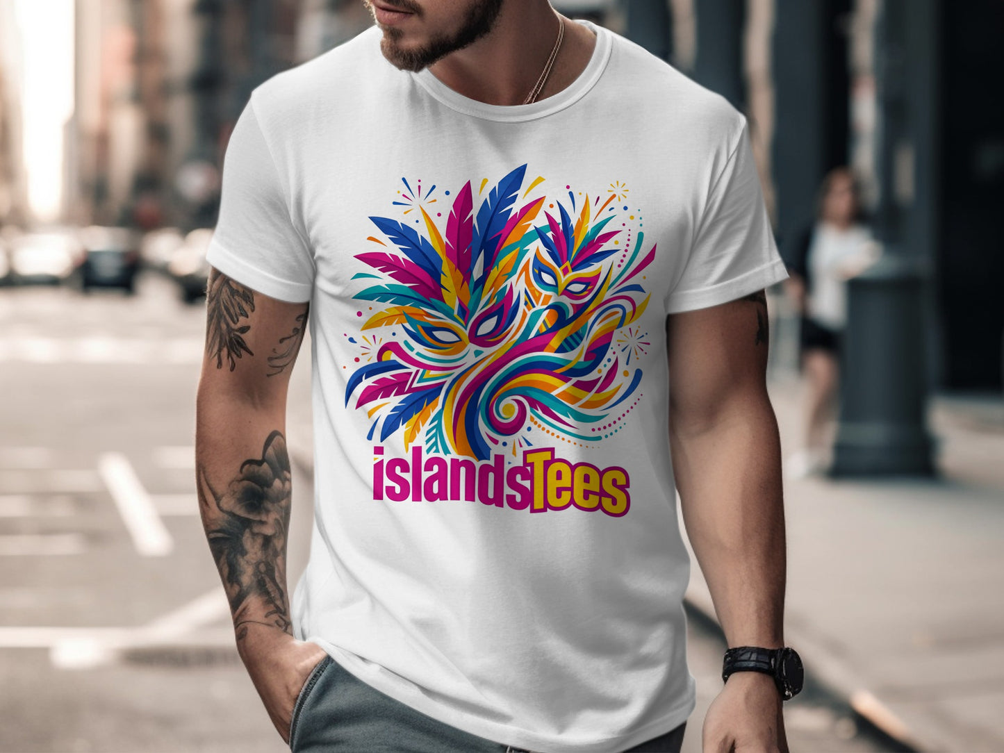 White t-shirt with colorful, abstract feather and mask design, "islandsTees" text.